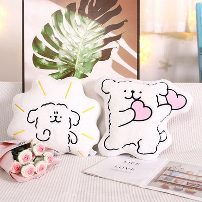 a dancing cartoon puppy cushion and a determined cartoon puppy cushion