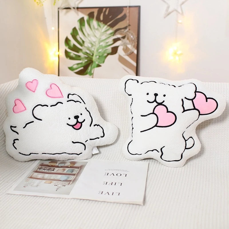 an excited cartoon puppy cushion and dancing cartoon puppy cushion with love hearts