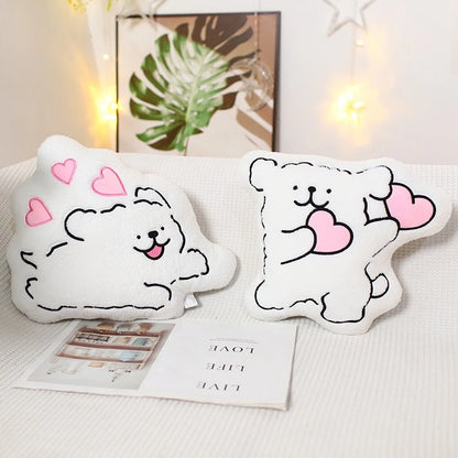 an excited cartoon puppy cushion and dancing cartoon puppy cushion with love hearts