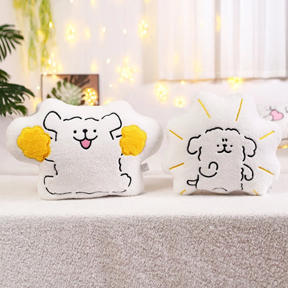 a cheering cartoon puppy cushion with pom-poms and a determined cartoon puppy cushion