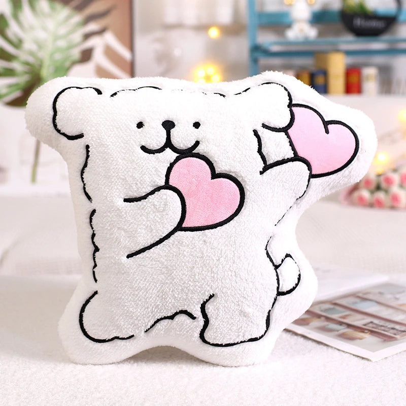 a dancing cartoon puppy cushion with love hearts