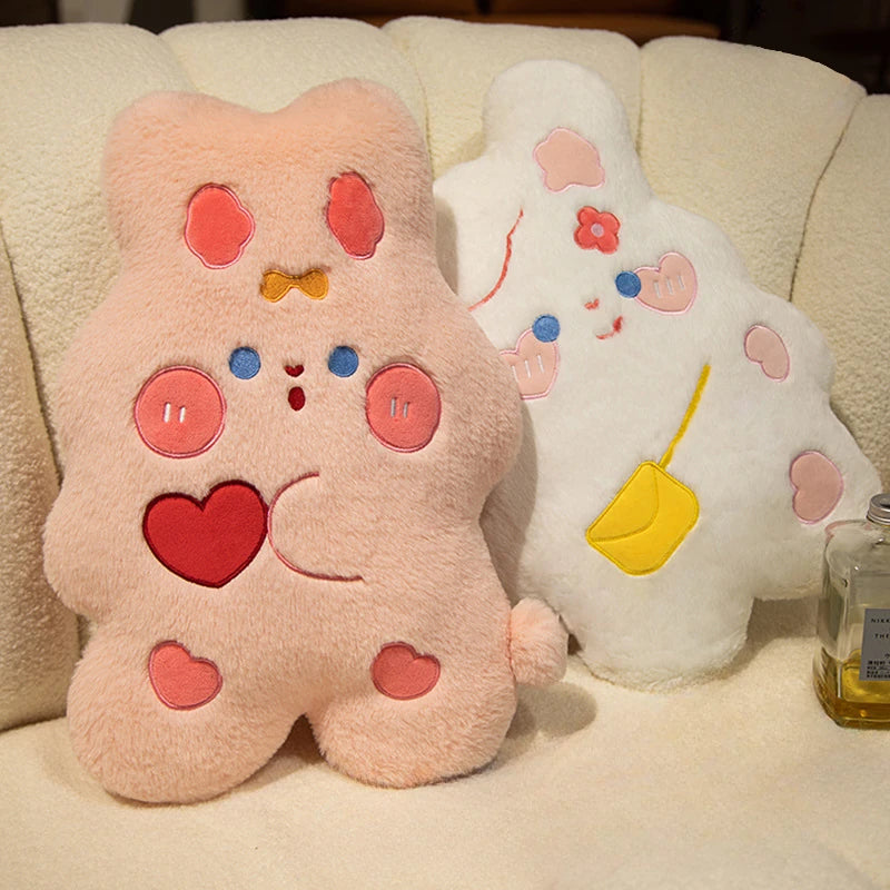 sweet, candy shaped pink and white bunny cushions with rosy cheeks, love heats, hair bows, and hand bags