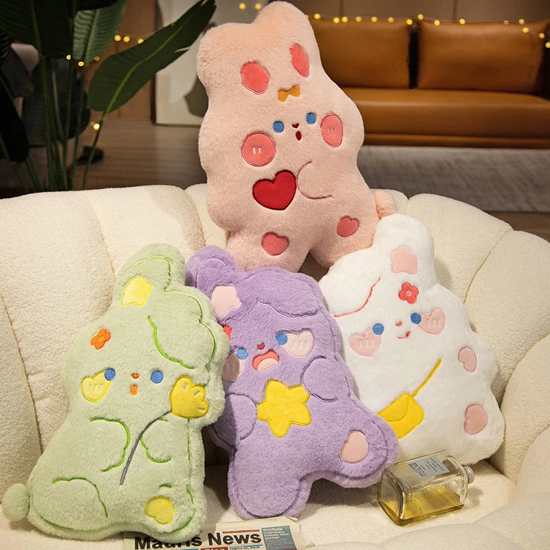 sweet, candy shaped green, purple, pink and white bunny cushions with love hearts, hair bows, flowers, stars, and hand bags