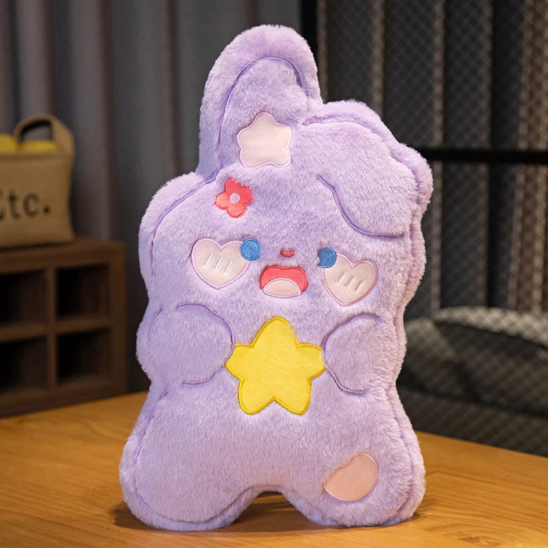 a sweet, candy shaped purple bunny cushion with rosy lavender love heart cheeks, flowers in its hair, and holding a star