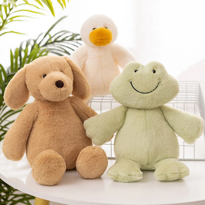 large goose, frog, and brown dog soft toys 