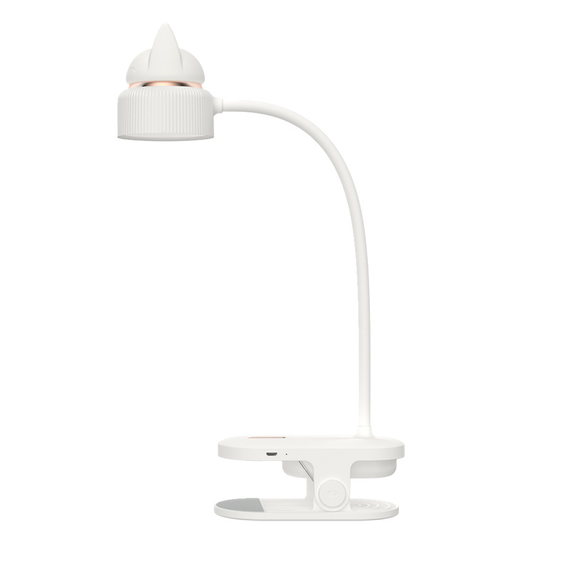 a white desk lamp with a clip base, bendable neck, directional light and silicone kitten ear night light