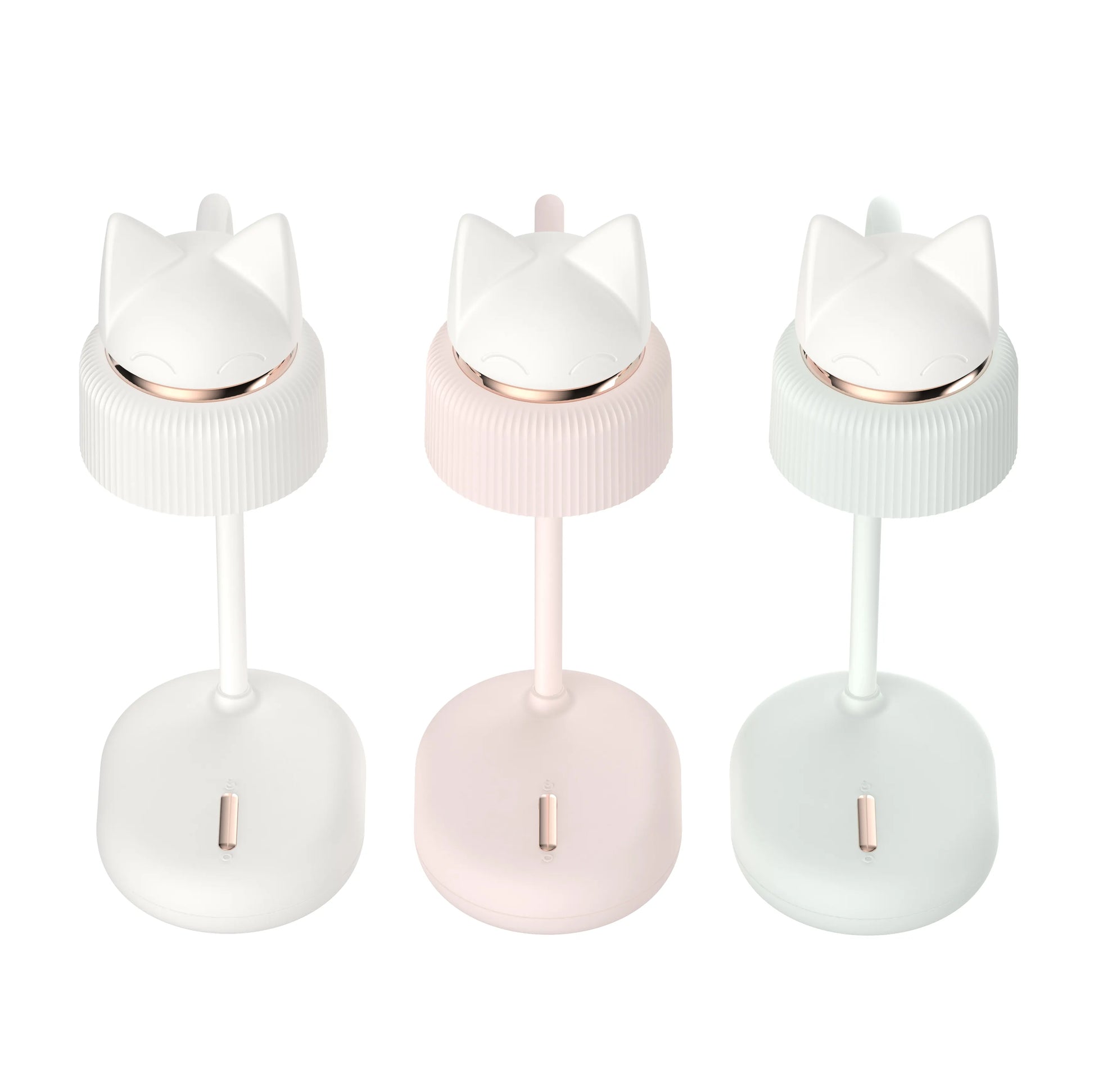 pink, blue, and white desk lamps with bendable necks, directional lights and silicone kitten ear night lights