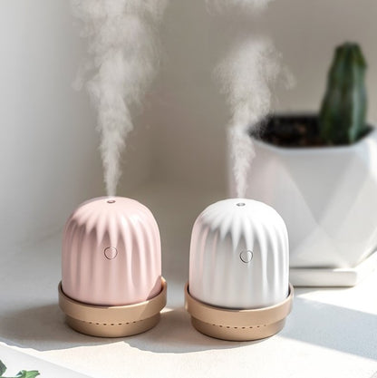 small pink and white cactus humidifiers and night lights releasing vapour