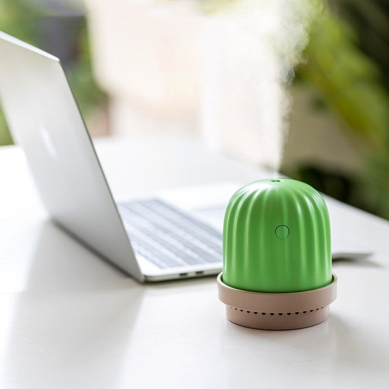 a small green cactus humidifier and night light releasing vapour