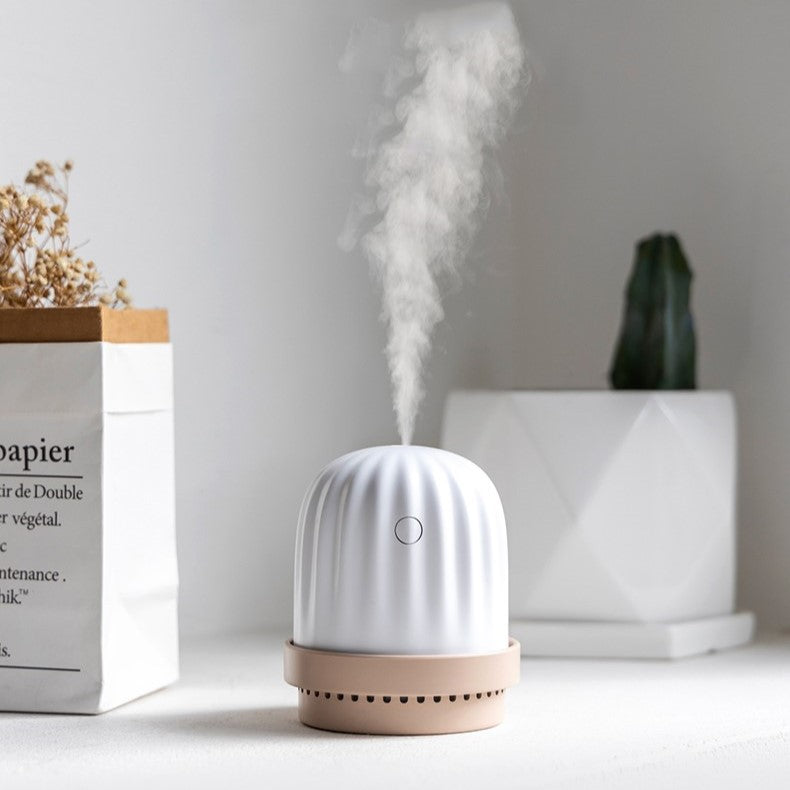 a small white cactus humidifier and night light releasing vapour