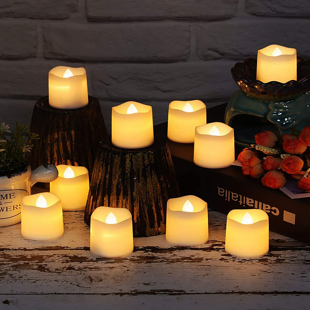 flameless led tea lights shaped as candles with a warm white light